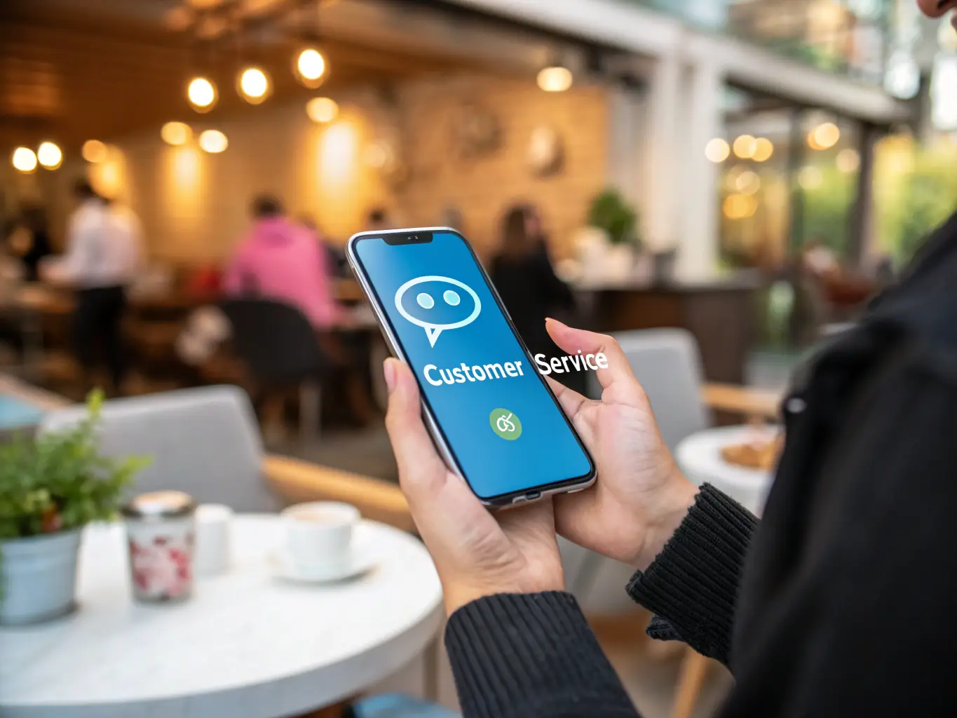 An image showing a sleek AI chatbot interface on a smartphone screen, with a customer service representative in the background, illustrating AI Phone Assistants.