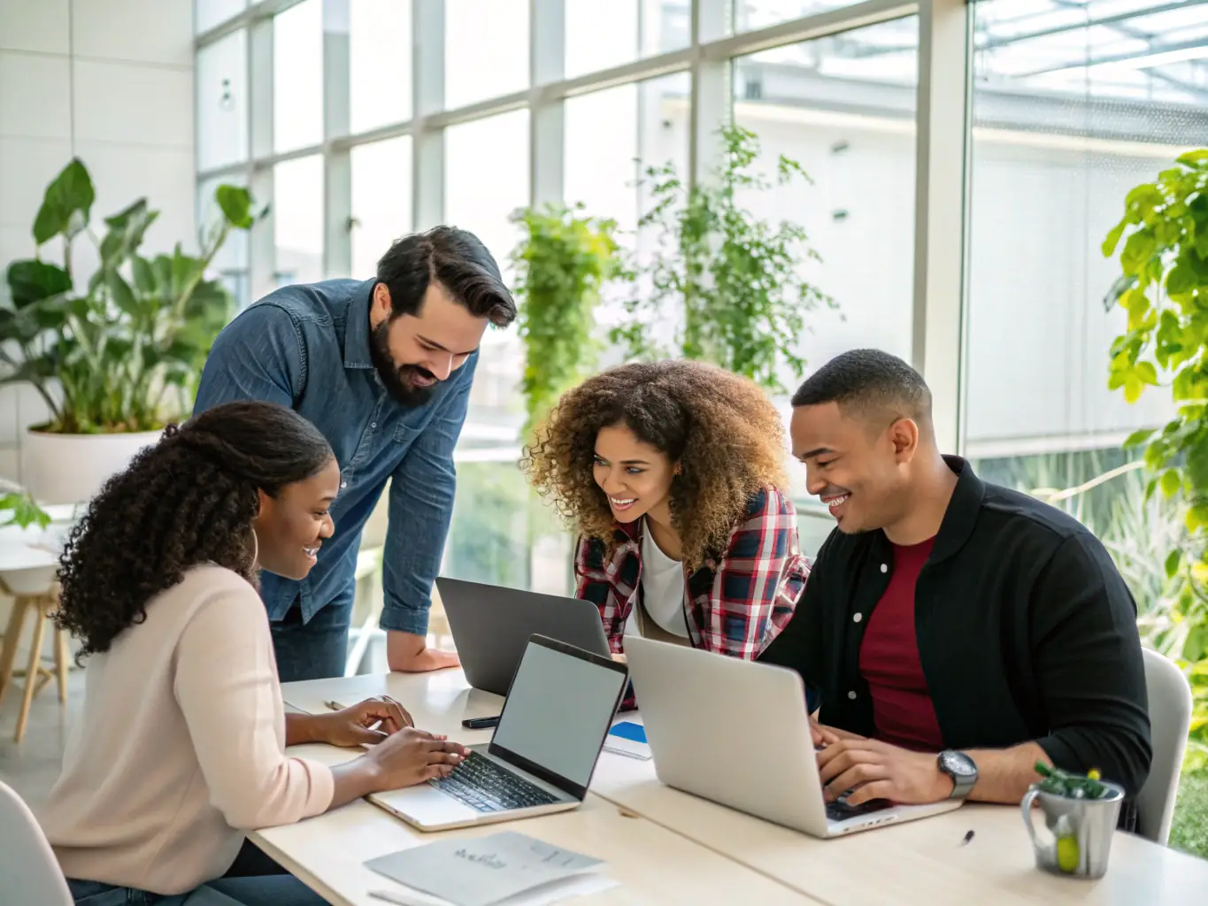 A professional setting with diverse team members collaborating on AI solutions, showcasing AI Consulting Services.