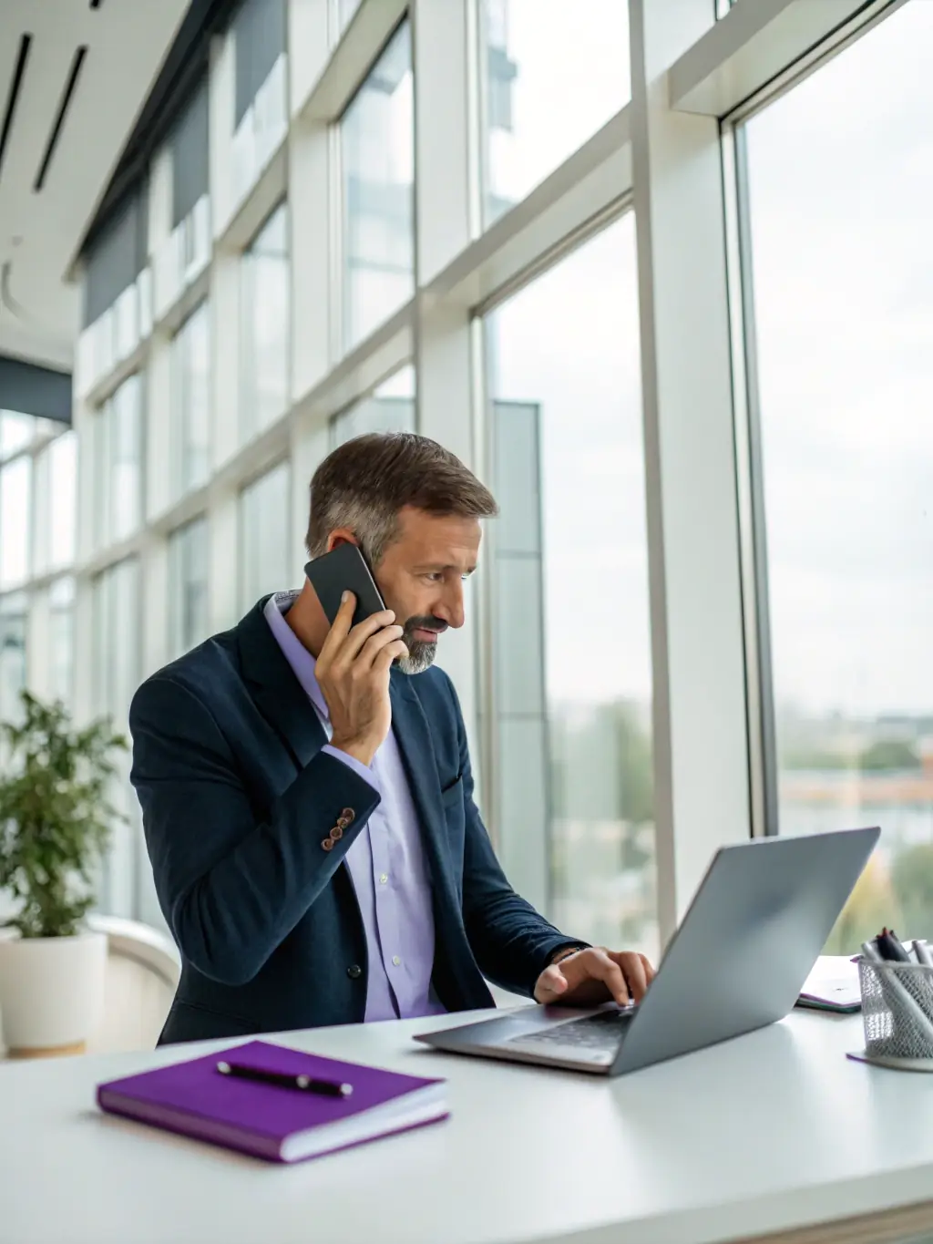 A professional AI-powered phone assistant answering a call with a friendly and helpful tone, set in a modern office environment.