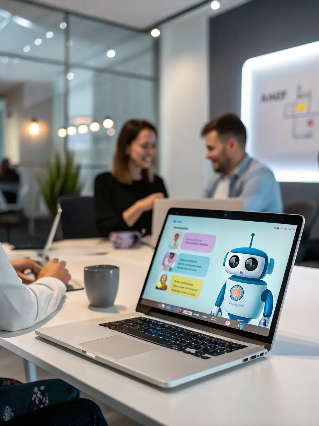 A graphic showing an AI-powered chatbot interacting with customers on a website, representing AI-driven customer service in digital marketing.