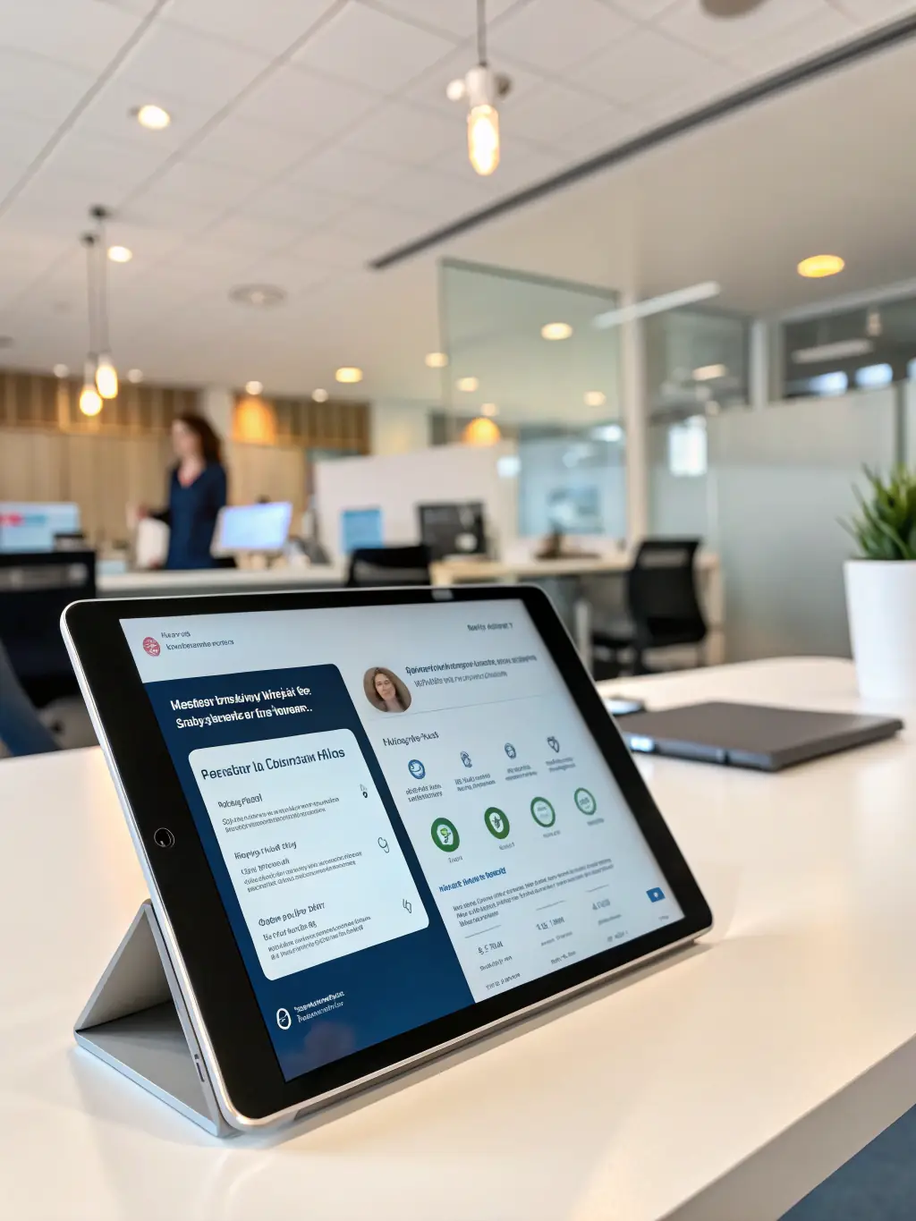 An AI-powered phone assistant providing personalized customer service based on data analysis, displayed on a tablet.