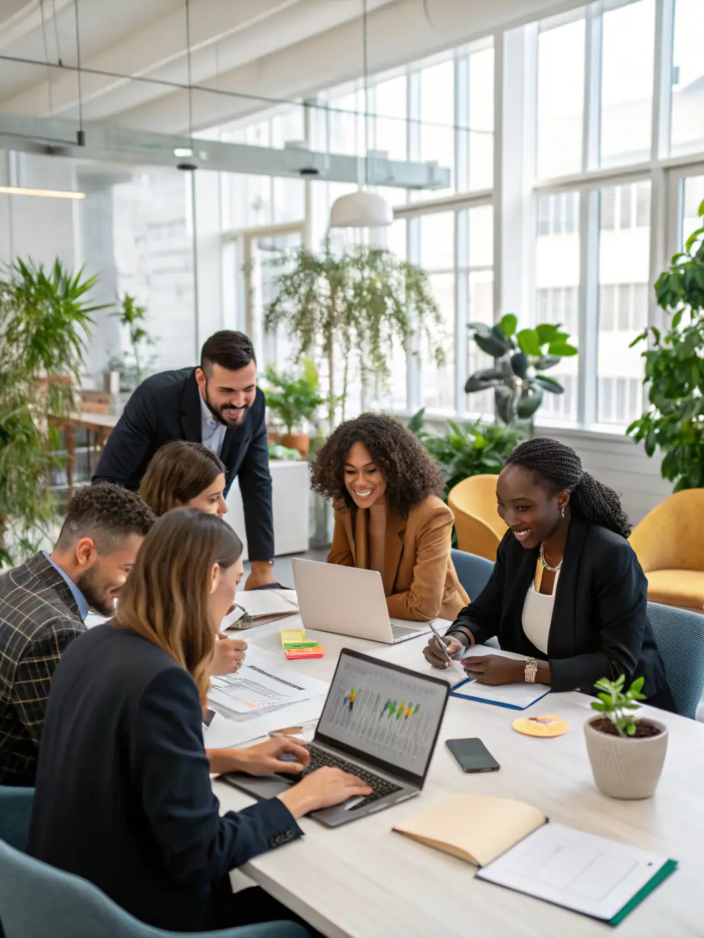 An image showing a diverse team collaborating on a digital marketing strategy, highlighting the personalized approach of AI Power Solutions.