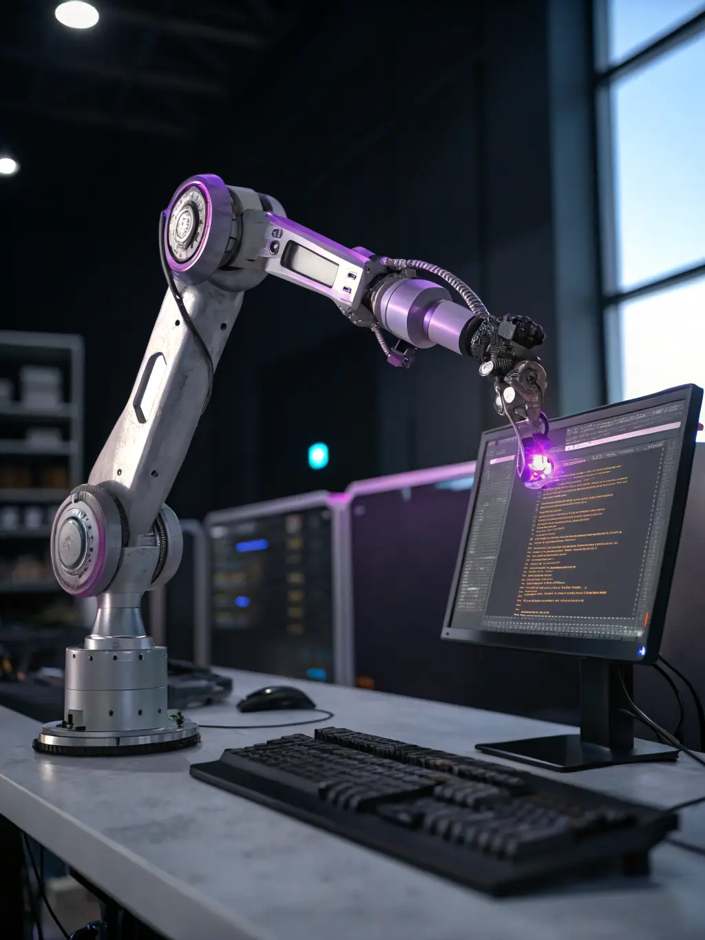 A digital illustration depicting a robotic arm automating data entry tasks on a computer screen, symbolizing RPA in a digital marketing agency.
